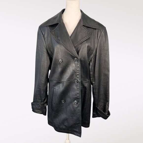 Vintage Middlebrook Park Black Leather Double Breasted Trench Coat Small - Picture 1 of 11
